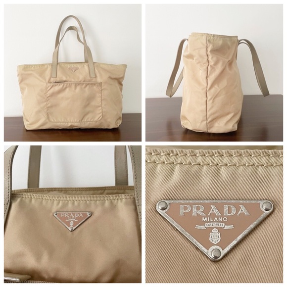 Prada tan Tessuto nylon and leather triangle logo shoulder tote bag - Picture 3 of 12